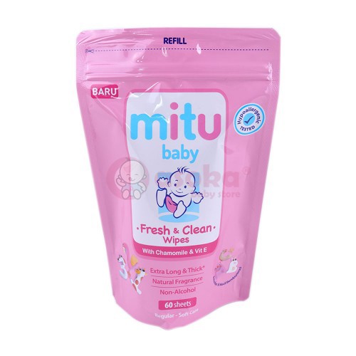 Mitu Baby Wipes Fresh &amp; Clean Pink Refill 60'S ASOKA