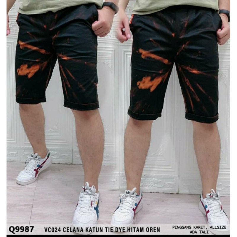 CELANA PENDEK PRIA  BAHAN KATUN TIE DYE HITAM OREN