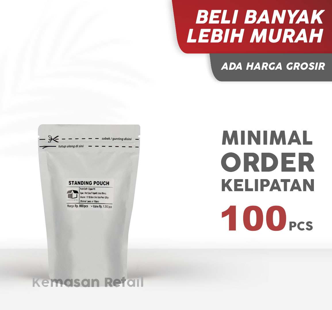 Kemasan Standing Pouch Alumunium Putih Doff Zipper 13x20.5cm 250gr Pc