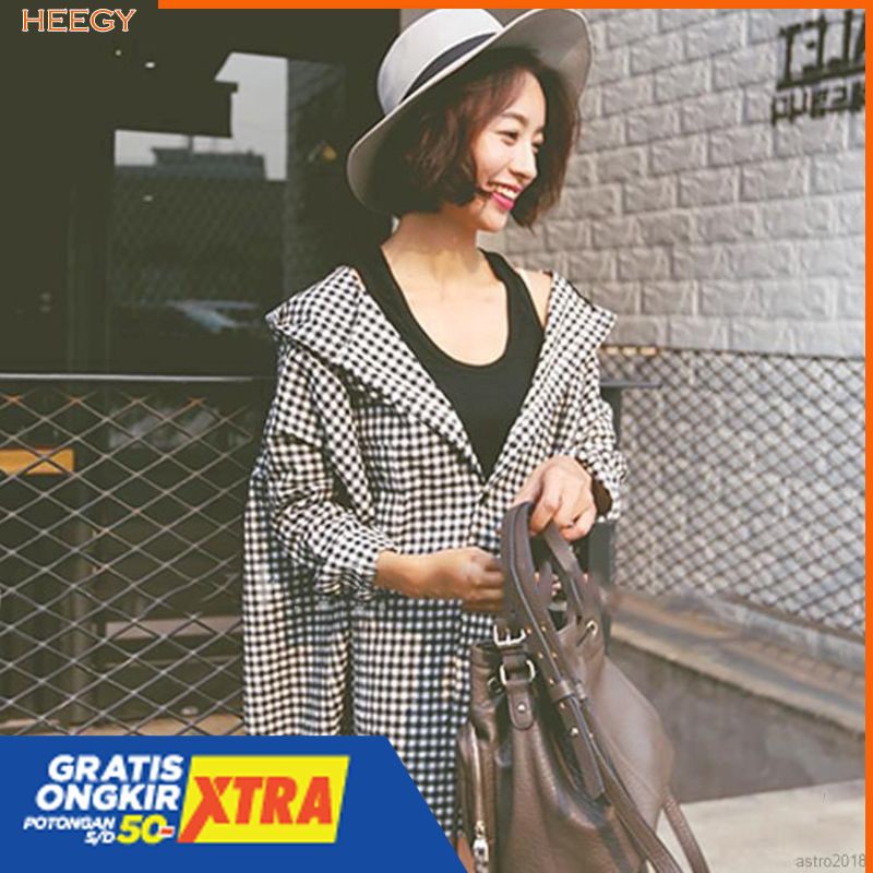 Kemeja Wanita Jaket Hoodie Longgar Oversize Lengan Panjang Motif Kotak-kotak Gaya Wanita Korea