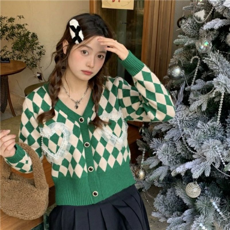 39009 Atasan Baju Kardigan Cardigan luaran Auter lengan panjang motif kotak hijau ungu hitam lilac i