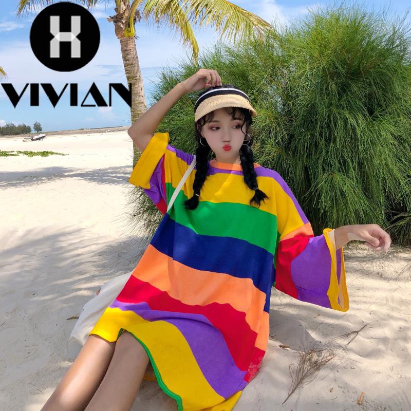 ?VIVIAN? Dress Kaos Wanita Korea Round Neck Lengan Panjang Longgar Oversize Motif Garis Warna-warni