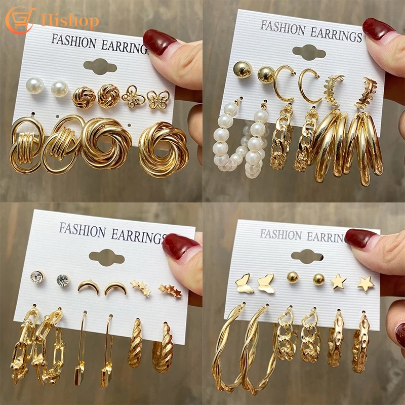 Set Anting Stud Desain Kupu-Kupu Lingkaran Besar Aksen Mutiara Bahan Logam Untuk Wanita