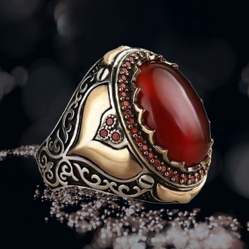 Fancyqube Perhiasan Cincin 925 Sterling Silver Bentuk Mahkota Batu Akik Merah Gaya Vintage Untuk Pria Dan Wanita