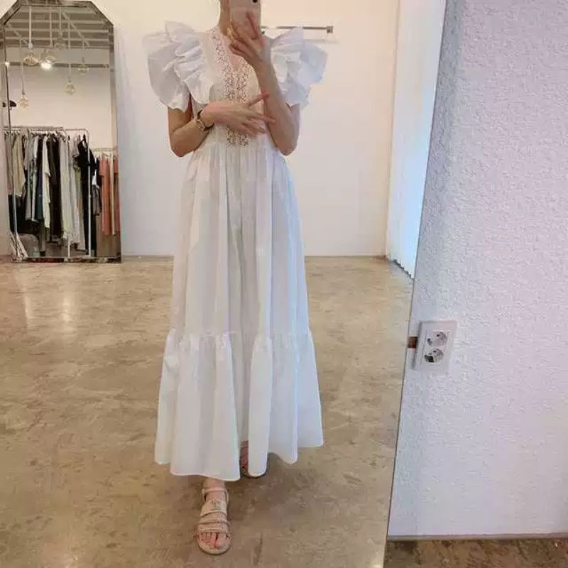 88990 Fashion kostum Kostum Baju Maxi Dress panjang polos leher Vi lengan pendek rempel import impor