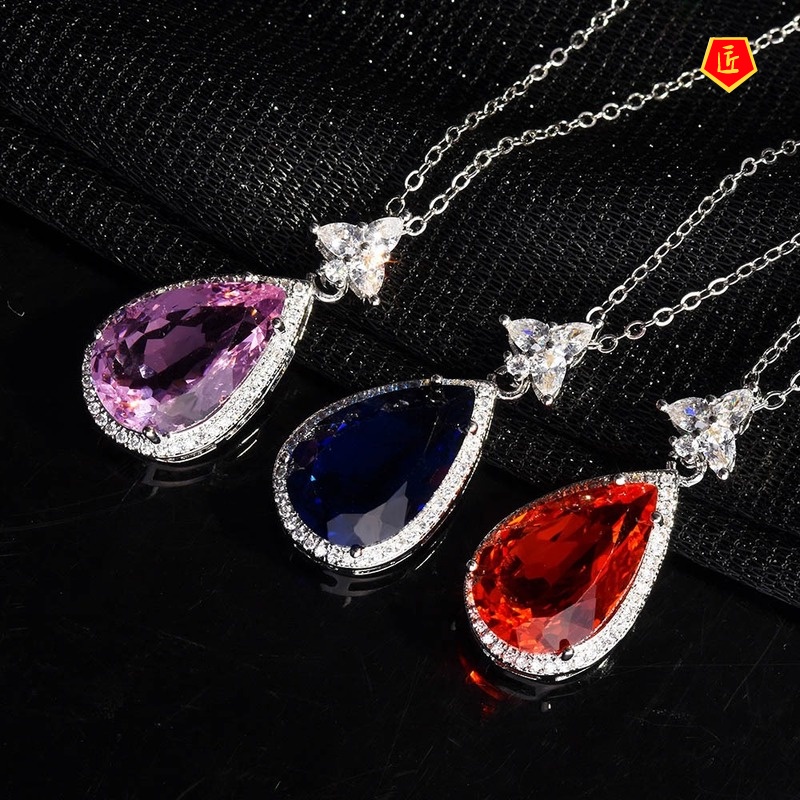 [Ready Stock]Elegant Blue Pear-Shaped Pendant Pink Crystal Gems Necklace for Women