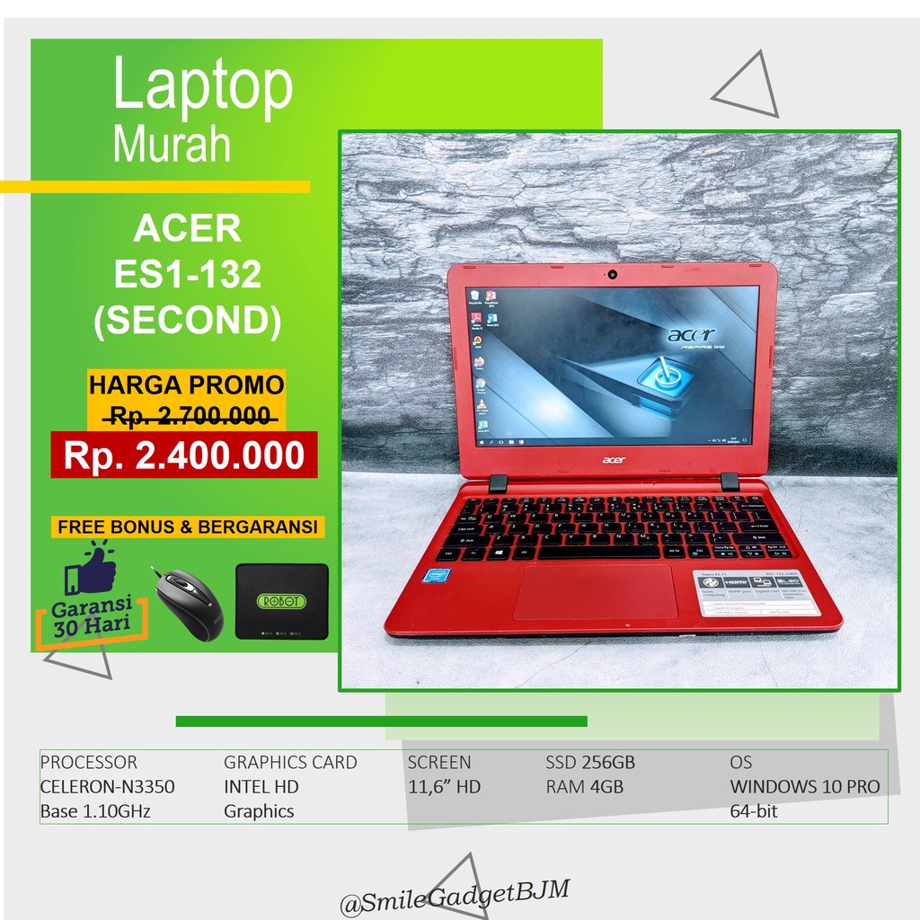 [PROMO] NETBOOK Acer Aspire ES1-132 RAM 4GB SSD 256GB SECOND (NO MINUS) BERGARANSI 30 HARI 