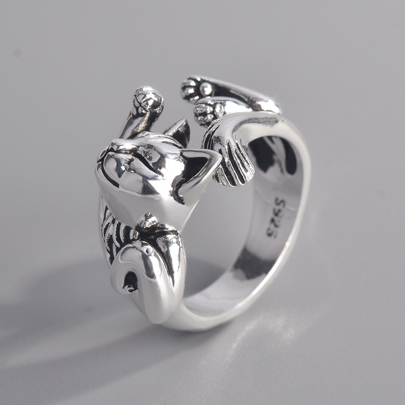 Cincin Model Terbuka Desain Kucing Hitam Totem Bahan Stainless Steel 925