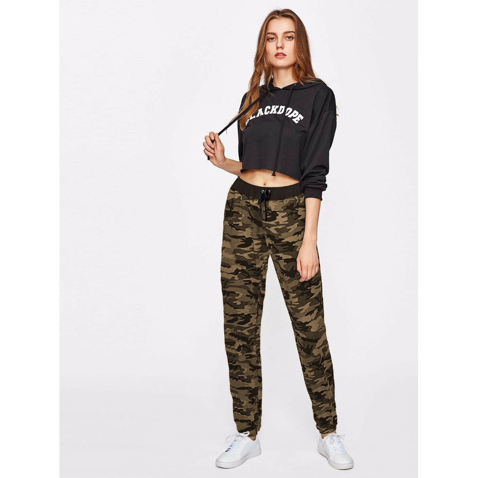 Okechuku TINA Celana Joger Panjang Sweatpants Wanita Motif Loreng Army - Hijau Tua, XXL