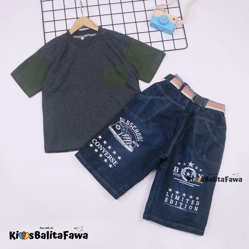 Setelan John Ethes uk 3-4 Tahun / Baju Anak Laki-Laki Lengan Pendek Celana Jeans Set Oblong Kantong