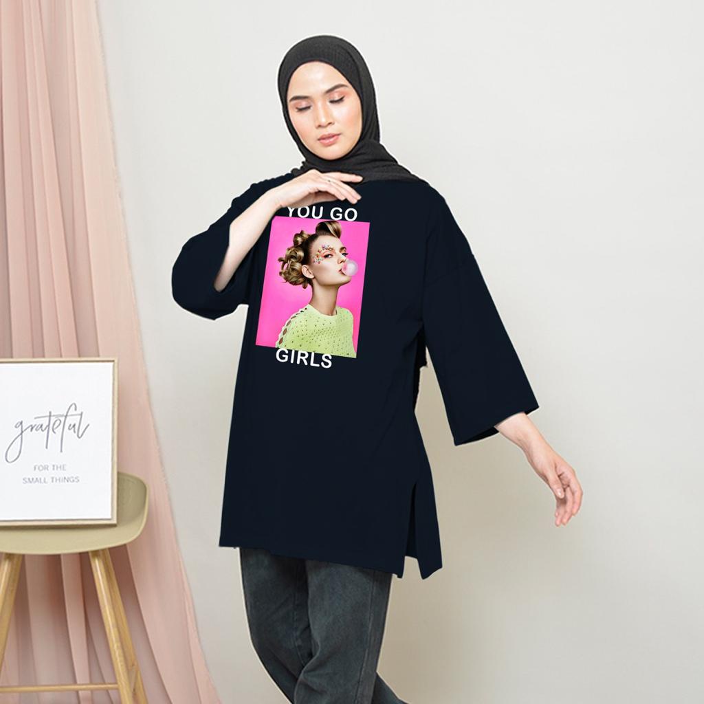 KAOS OVERSIZE TOP HIJAB WANITA BASIC YOU GO  / OVERSIZE SLIT BLOUSE GAMBAR DTF / DIGITAL PRINT