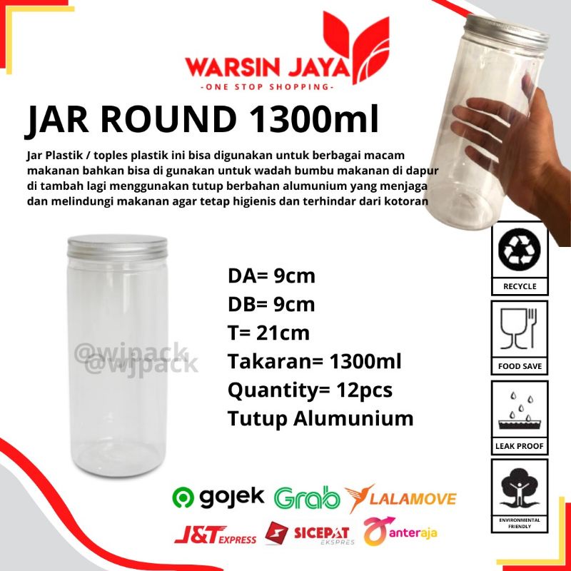 Toples Plastik Kue kering Jar Round 1300ml Tutup alumunium