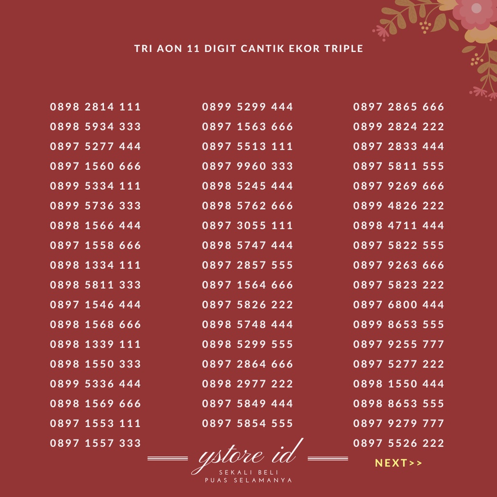 NOMOR CANTIK TRI 11 DIGIT AON EKOR TRIPLE KARTU PERDANA THREE 3 4G NOMER SERI 111 222 333 444 555 66