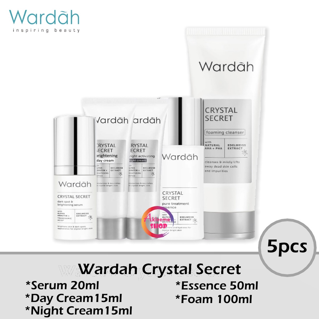 Paket Wardah Crystal Secret 5pcs (Serum 20ml+Day Cream 15ml+Night Cream 15ml+Essence 50ml+Foam 100ml)