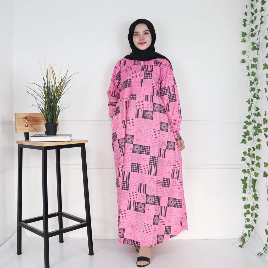 IZANY GAMIS / Dress Muslim XXL Jumbo Lengan Kancing Banyak Motif-RASI PINK