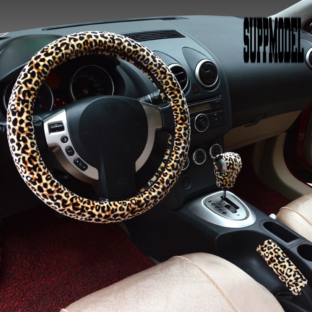 3pcs / Set Cover Stir / Rem Tangan / Persneling Mobil Motif Print Leopard 38cm Untuk Musim Dingin