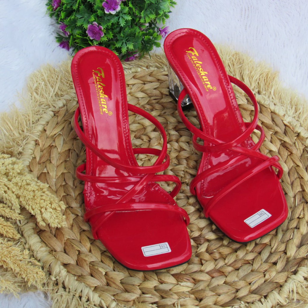 Sandal wanita hak kaca 7cm slop tali silang