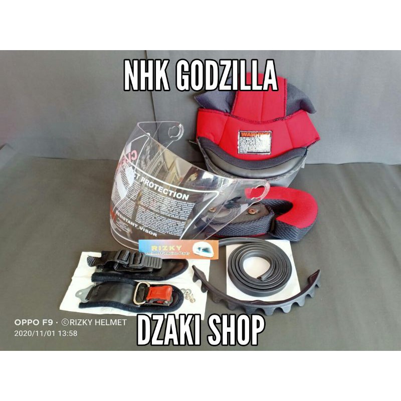 Busa Helm NHK GODZILLA + Kaca Helm Clear NHK GODZILLA + Lis Karet Helm Elastis + Tali Helm