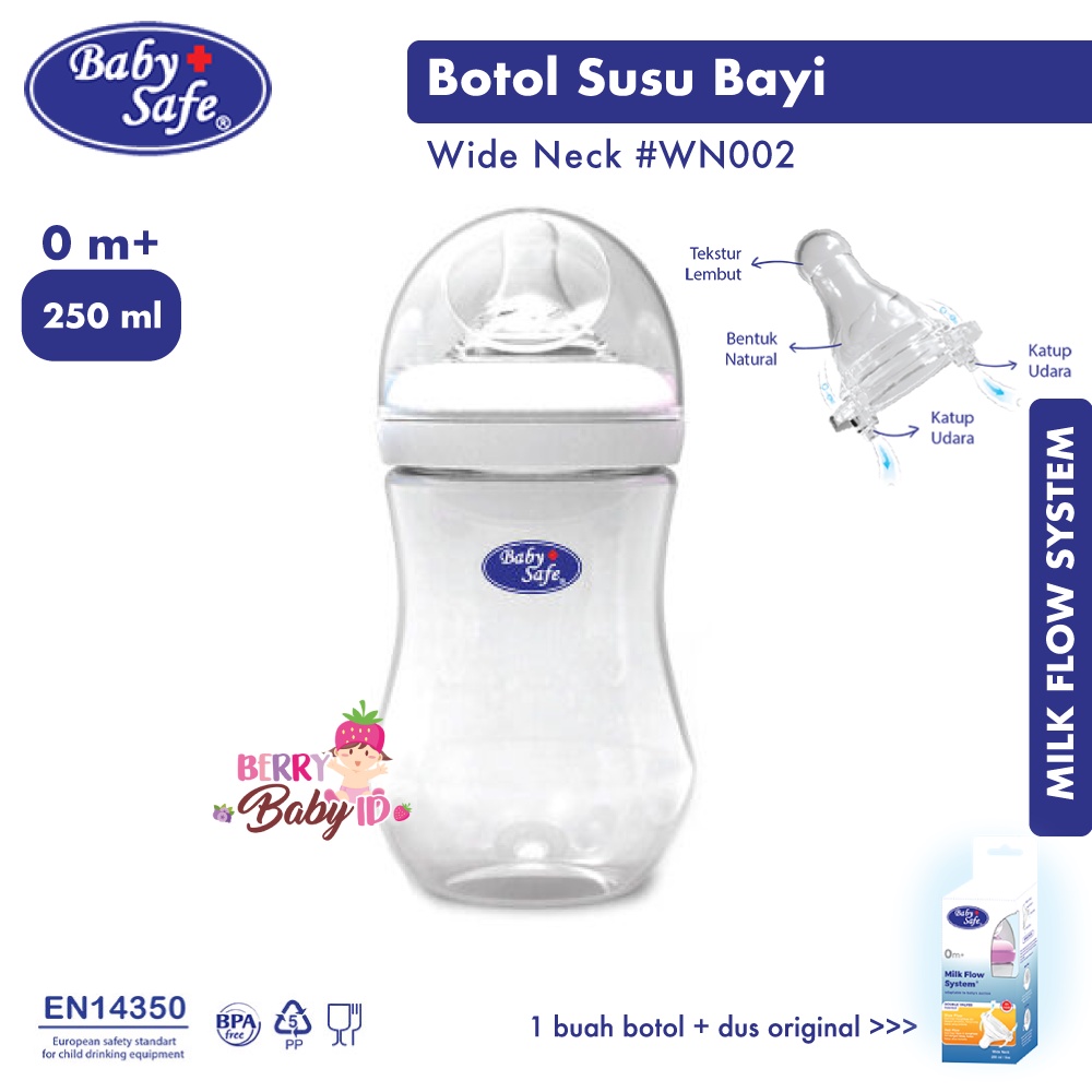 Baby Safe Botol Susu Bayi 250 Ml Wide Neck Baby Bottle WN002 BBS073 Berry Mart