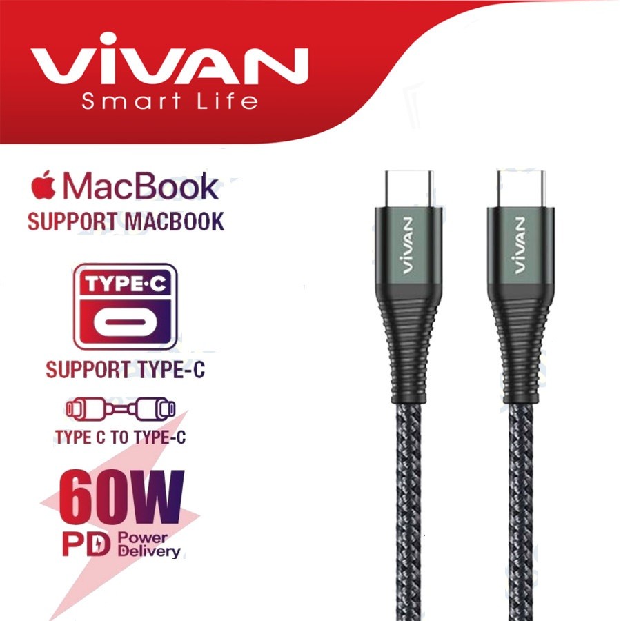 Kabel Data Type C to C Fast Charging Braided PD 60W 1M - VIVAN KPD100S