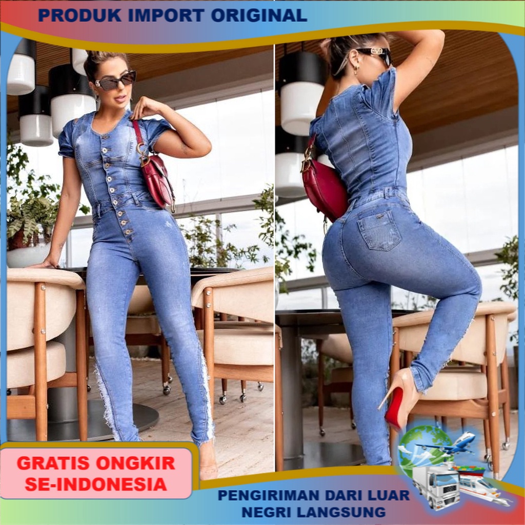 Pakaian Wanita Fashion Eropa Amerika Gaya Baru keseluruhan Jeans Slim Fit langsing Jumpsuit Semprot 