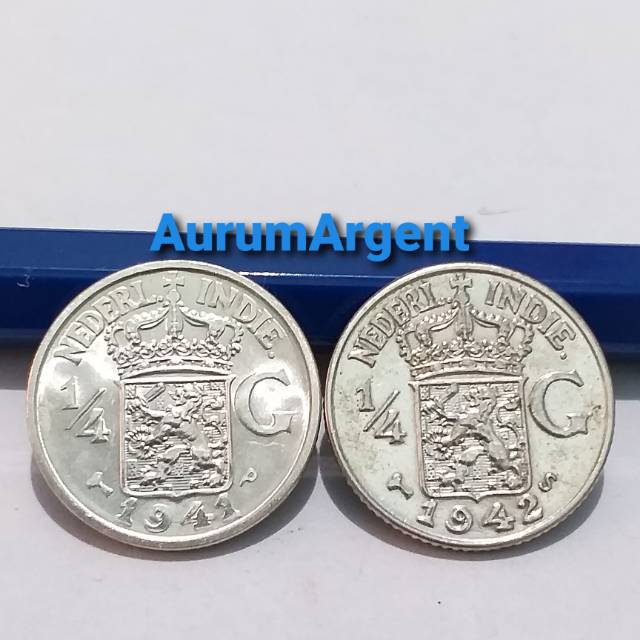 SA.100-- 2 PC KOIN PERAK KUNO ASLI 1/4 GULDEN NEDERL INDIE TH 1941 & 1942. -- SILVER COIN --