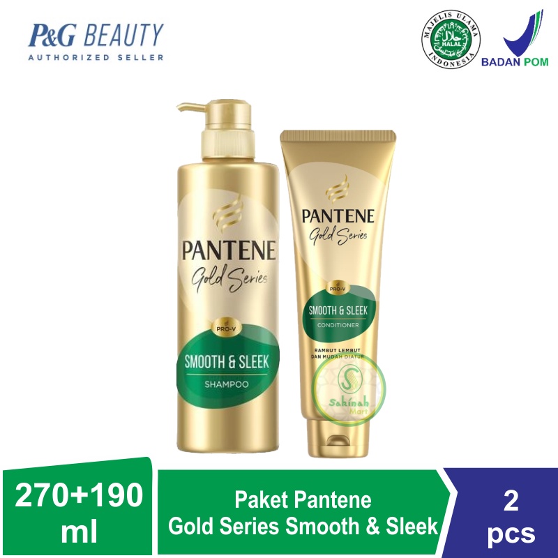 Paket Pantene Gold Series Smooth &amp; Sleek Shampoo 270ml + Conditioner 190ml