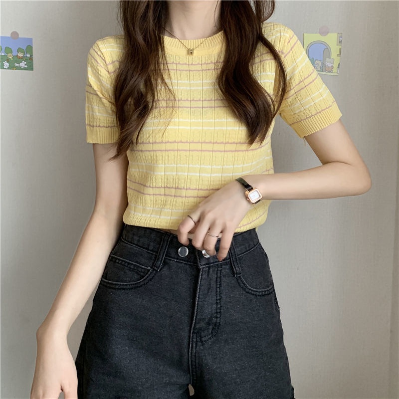 Kaos Rajut Wanita Lengan Pendek Atasan Stripe Musim Panas Atasan Tipis Bergaris Baru