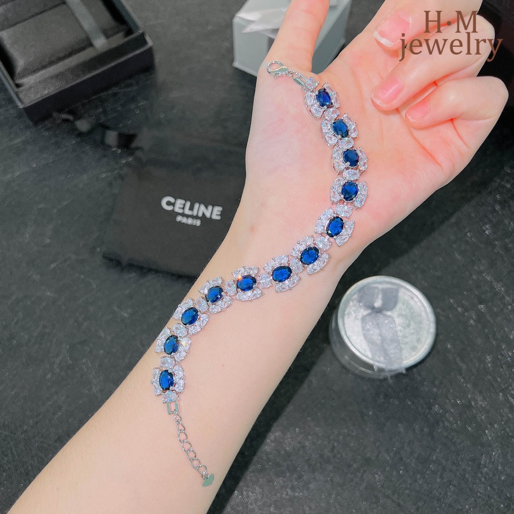 Gelang Tangan Sterling Silver 925 Aksen Batu Sapphire Biru Terang Untuk Wanita