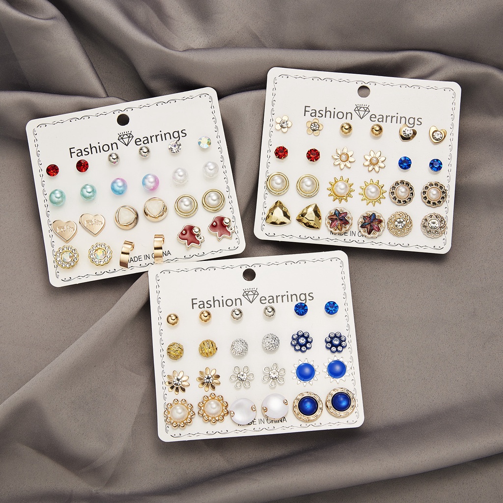 12 Pasang / Set Anting Stud Mutiara Berlian Bentuk Bulat Gaya Korea Untuk Wanita