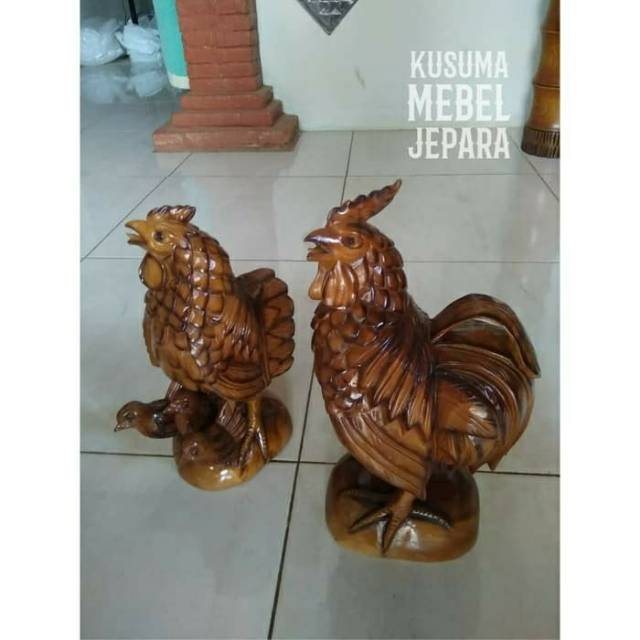 Sepasang Patung Ayam Keberuntungan Kayu Jati (2 Buah Patung)