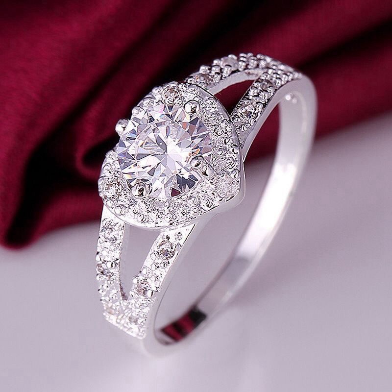 Cincin Zircon Platinum Bentuk Hati | Cincin Bahan Stainless Steel | Perhiasan Aksesoris Tunangan Untuk Pria Dan Wanita