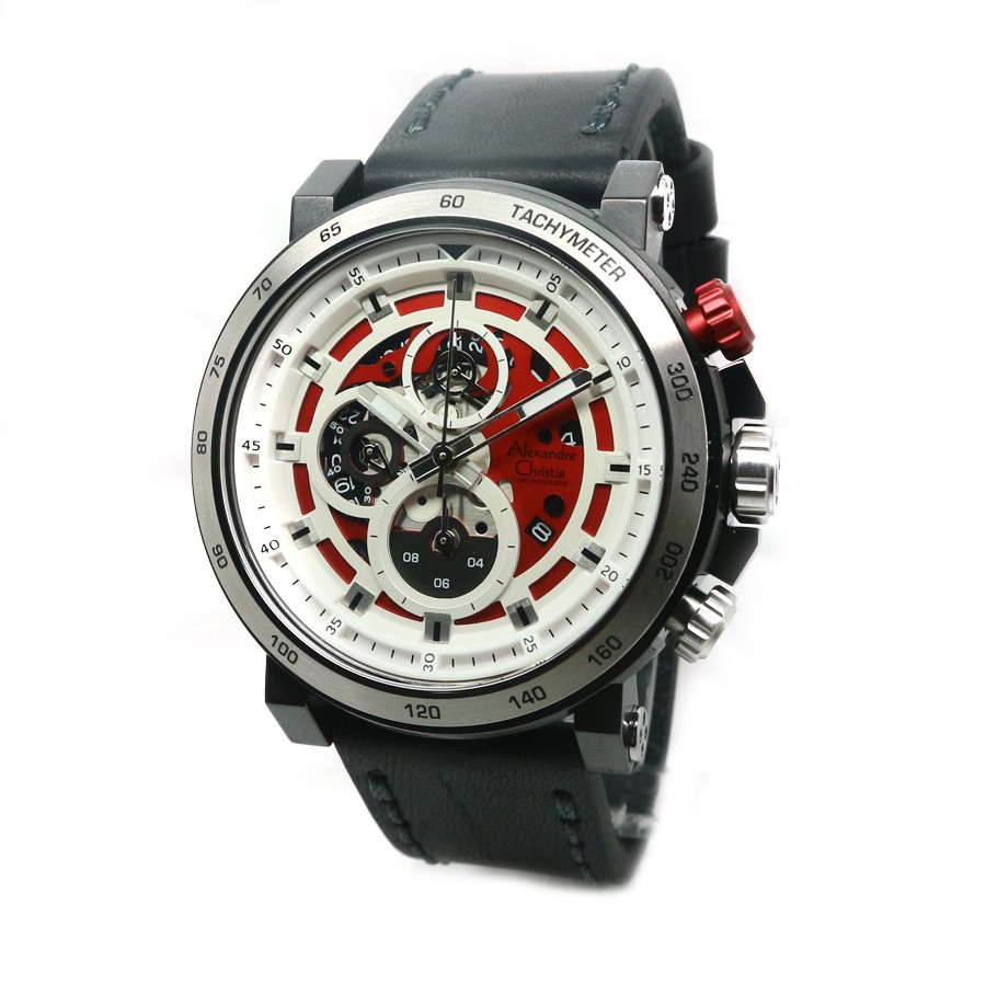 ALEXANDRE CHRISTIE WATCH AC 6429 PRIA SILVER RED LEATHER BLACK ORIGNAL