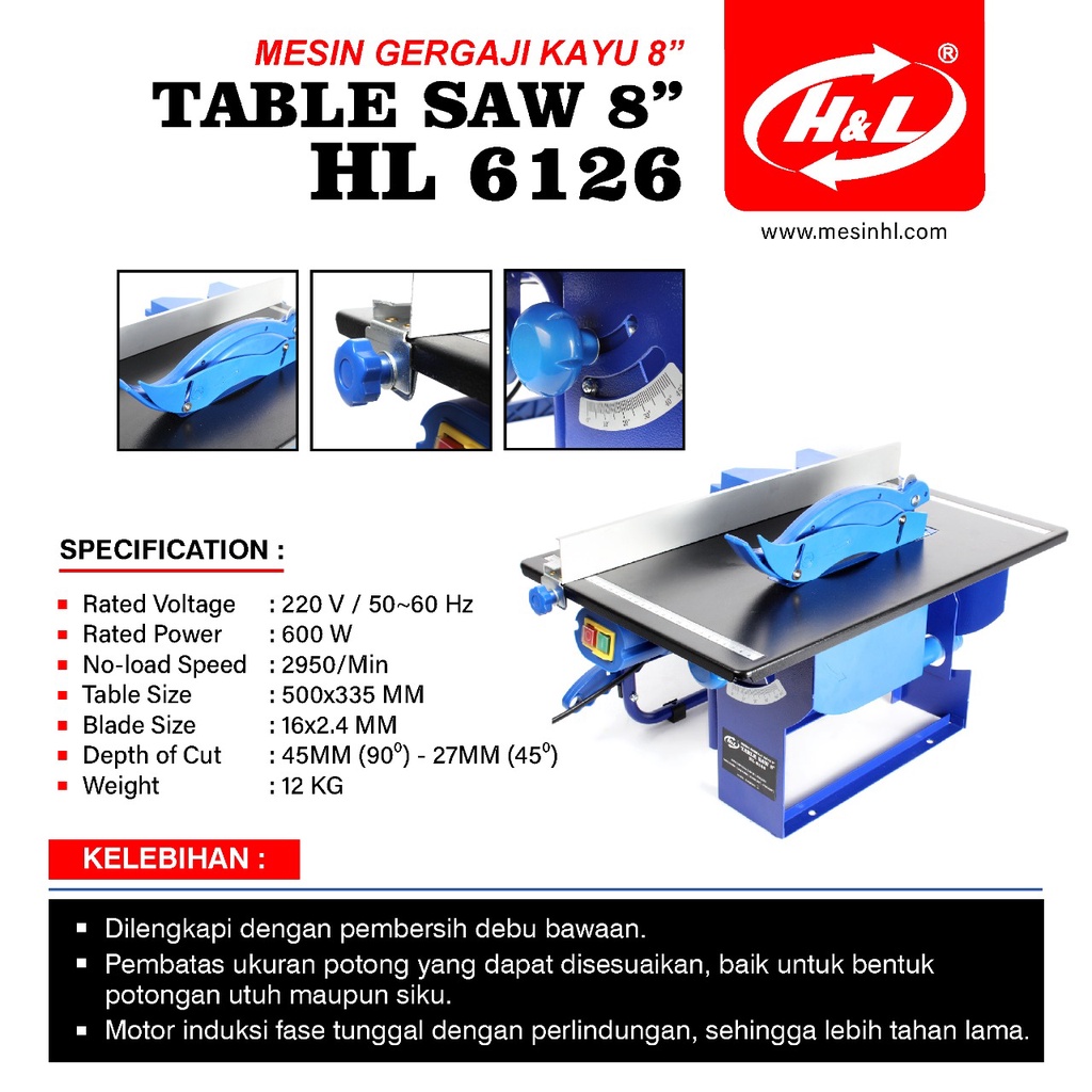 H&amp;L Mesin Table Saw 8 Inch / Meja Potong Kayu 8' + Mata Circular Saw