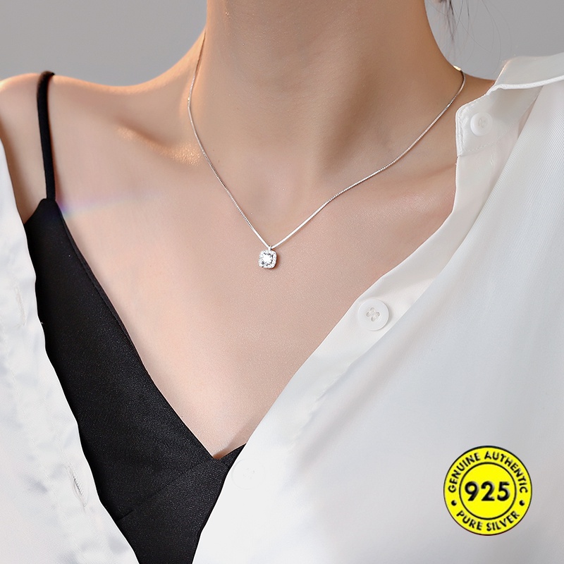 Kalung Rantai Sterling Silver 925 Dengan Liontin Berlian Imitasi Berkilau Untuk Wanita