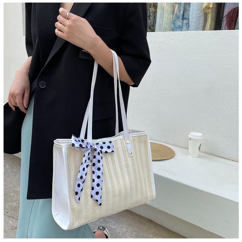 Drozenb Tas Tote Wanita Bahan Anyam Jerami Model Korea/Totebag Fashion Korea Bahan Anyaman Motif Garis/Tas Anyaman Korea Motif Garis/Tas Pantai Korea