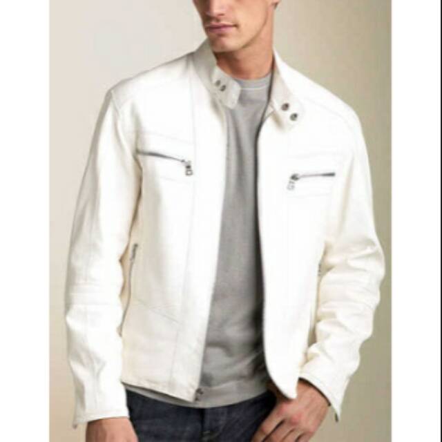 Jaket semi kulit pria warna putih sd big size / white leather jacket