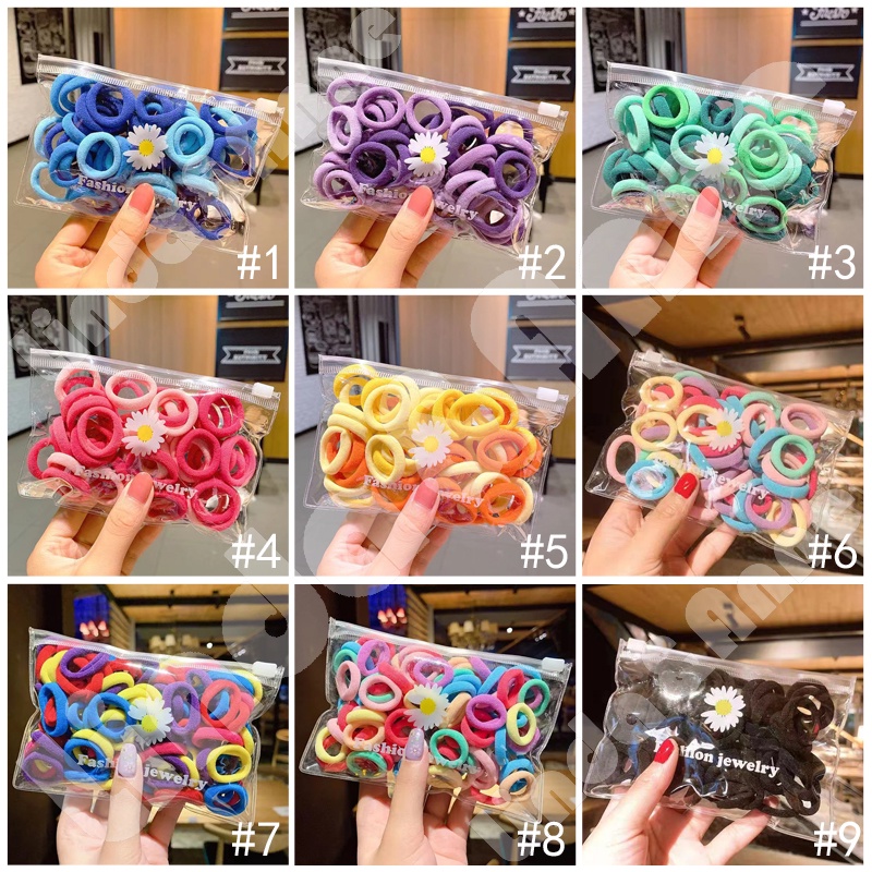 [ 50 PCS ] Ikat Rambut Wanita Elastis Free Pouch Mix Warna Korean Import