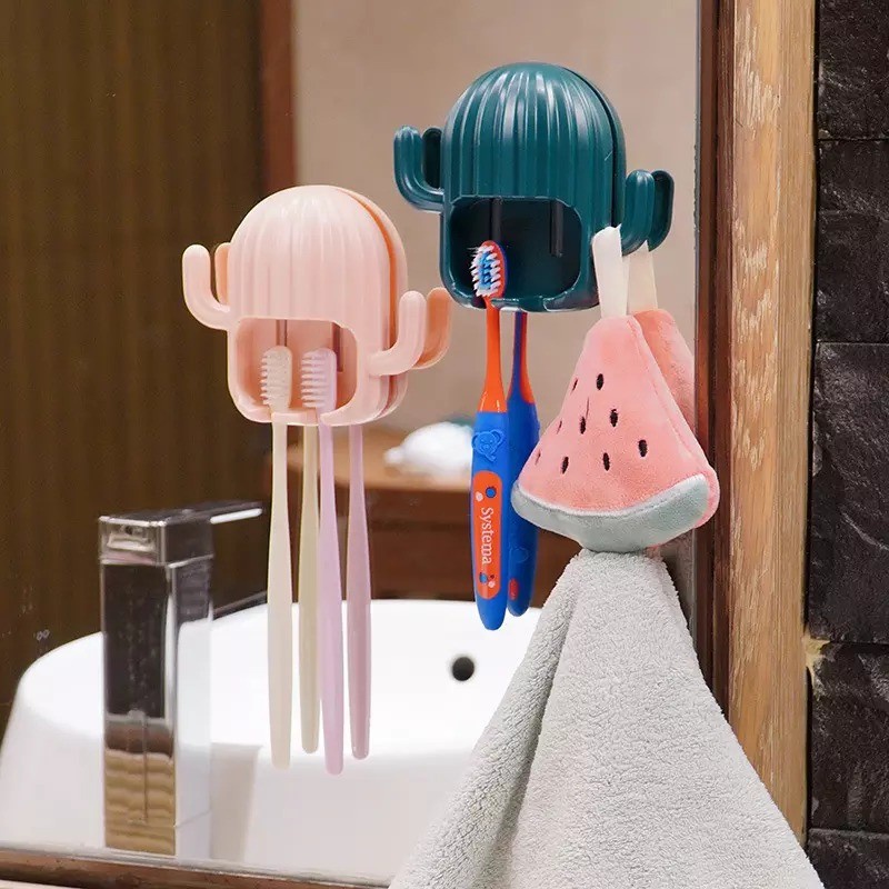 JG - Gantungan Tempel Dinding Tempat Sikat Gigi Bentuk Kaktus / Hook Tempat Penyimpanan Gantung Alat Cukur Karet Kuncir Kain Lap Baju Handuk Kunci / Wall Mounted Toothbrush Holder Cactus / Serbaguna Unik Lucu