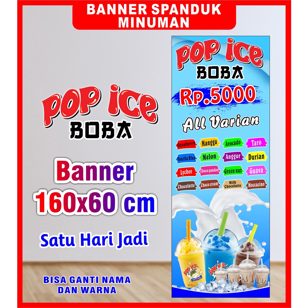Banner Pop Ice Boba, COD Spanduk minuman Pop Ice  BOBA 160X60cm