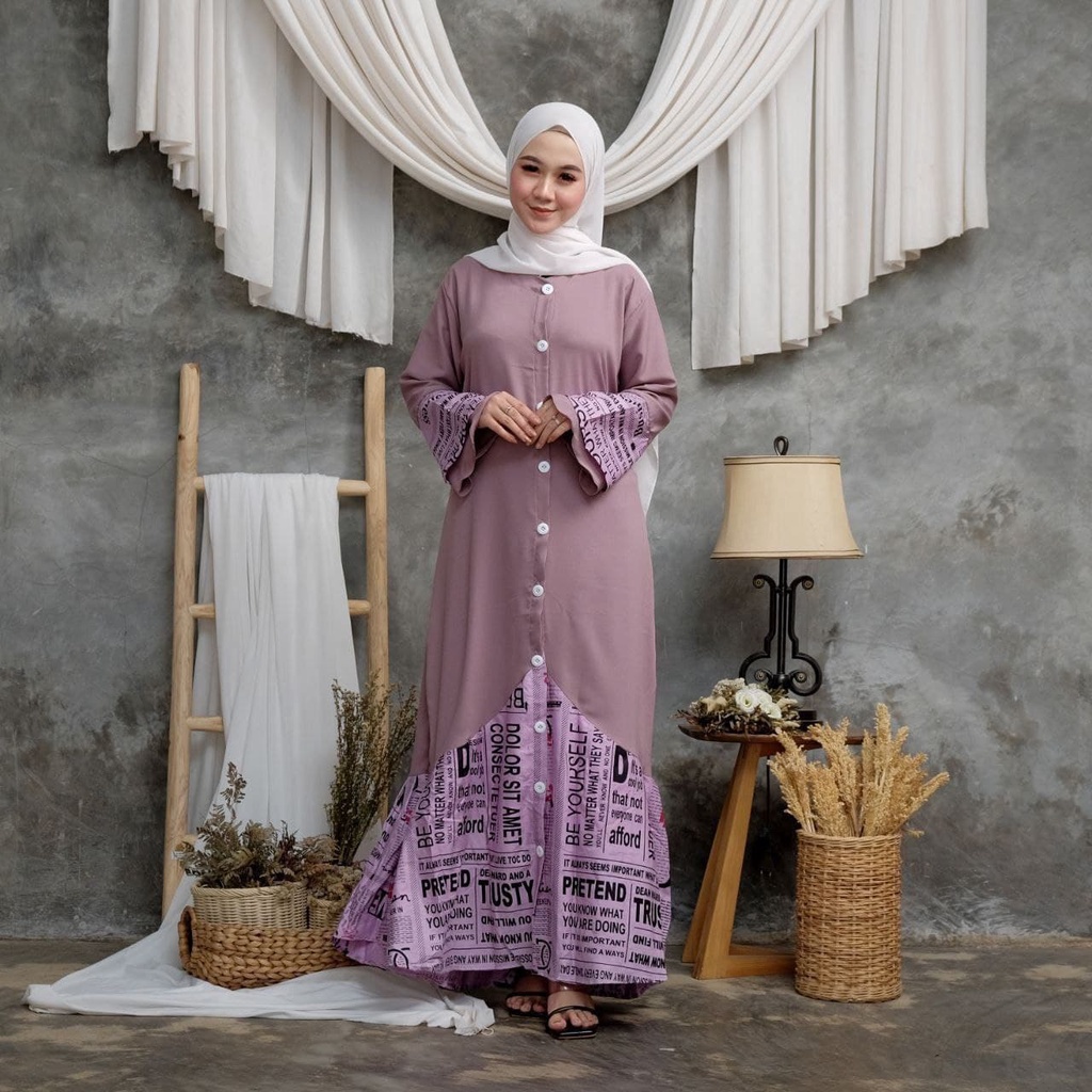 Gamis Koran Duyung - Gamis Terbaru Rayon Kombinasi Shakila Dress Wanita Lengan Terompet Susun Baju Wanita Kekinian