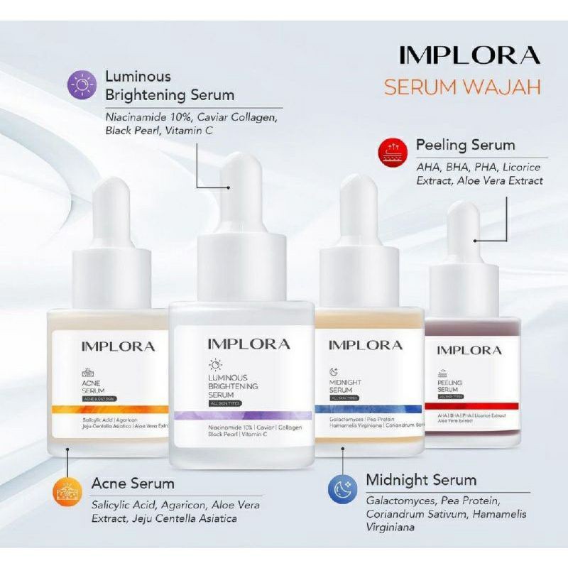 SERUM IMPLORA / IMPLORA FACE SERUM / IMPLORA SERUM WAJAH ORIGINAL PEELING LUMINOUS SCARLET ACNE MIDNIGHT HYDRATING GOLD EMAS 24K/ liporetinol retinol serum/ bakuchiol serum