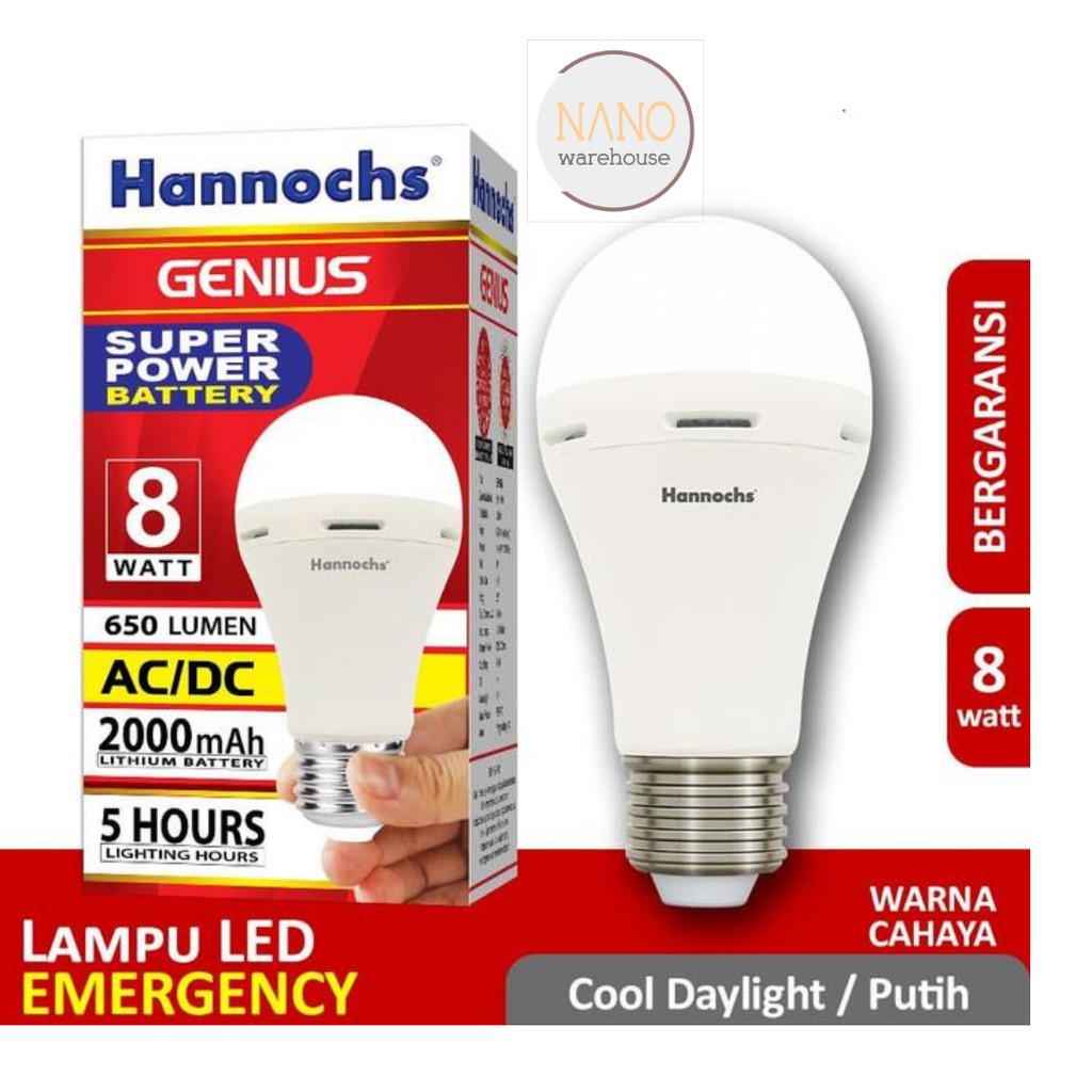 Bola Lampu Cas Darurat Emergency Hannochs LED Genius 8w AC/DC Putih Otomatis Nyala