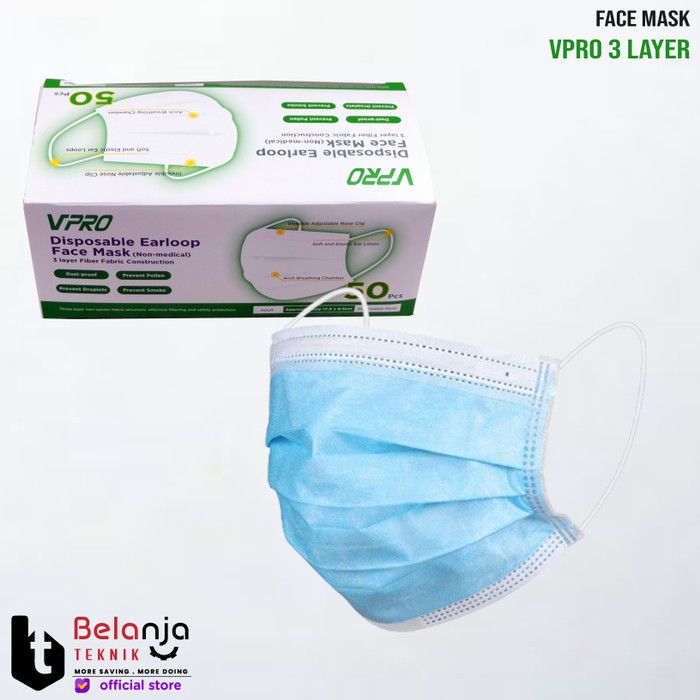 VPRO Masker Medis Rumah Sakit 3 Ply 50Pcs Disposable Earloop Face Mask