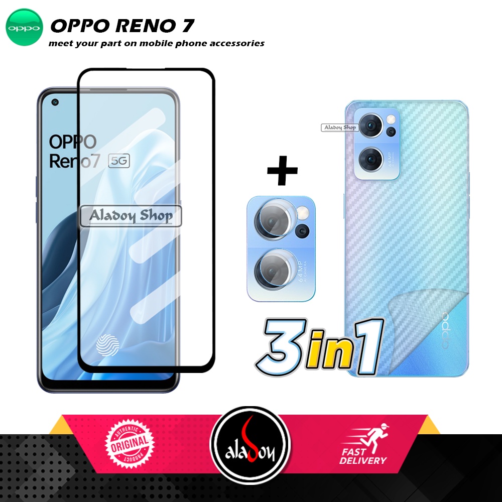 PAKET 3 IN 1 Tempered Glass Layar Oppo Reno 7 Free Tempered Glass Camera dan Skin Carbon