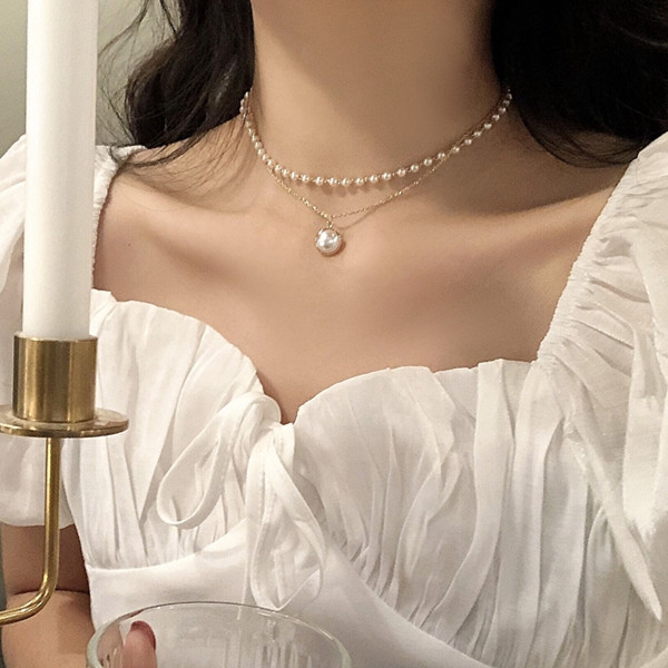 Kalung Choker Clavicle Pendek Simple Dengan Mutiara Ganda Untuk Wanita