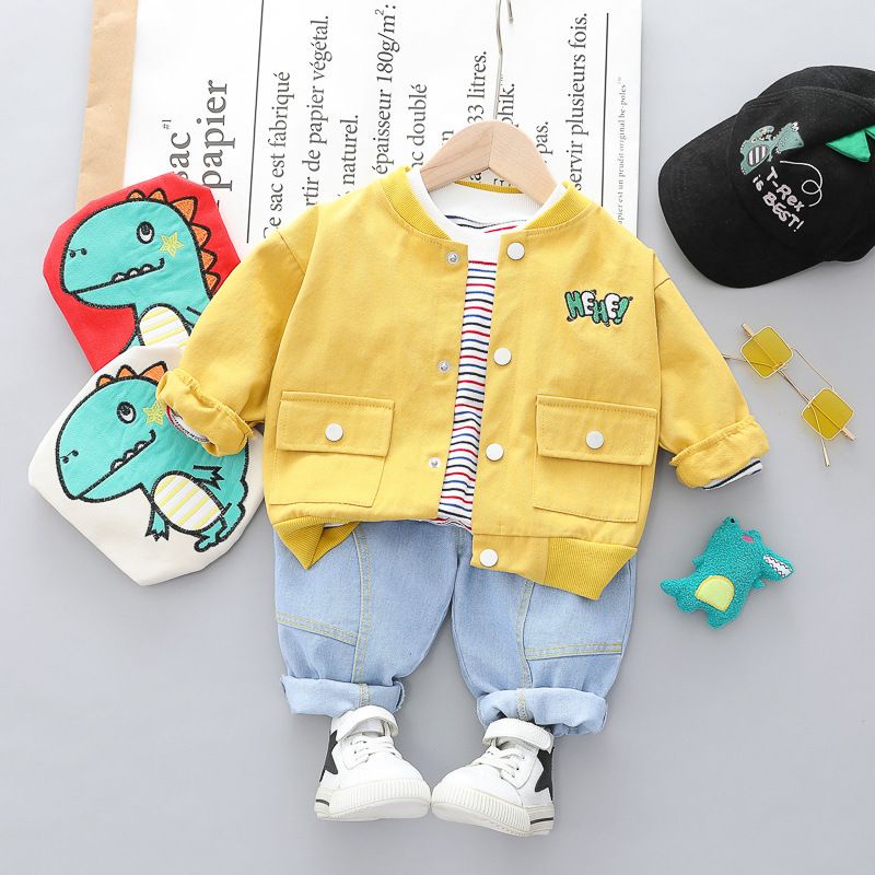 LittleAaron SET HEY YOU DINO EBV Setelan 3in1 Kemeja Bayi anak Laki-laki import Lengan panjang Berkualitas