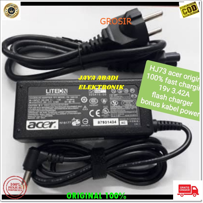 J78 ORIGINAL ACER ADAPTOR LAPTOP SATU SET KABEL POWERNYA 19V 3.42A 65 WATT CHARGER POWER ADAPTER PC ELEKTRONIK FAST CHARGING TRAVEL AC DC SPEED ADAPTIVE MULTI UNIVERSAL VOLT AMPERE VOLTASE LITE ON BISA UNTUK SEGALA JENIS DAN SEGALA MERK LAPTOP NOTEBOOK AC