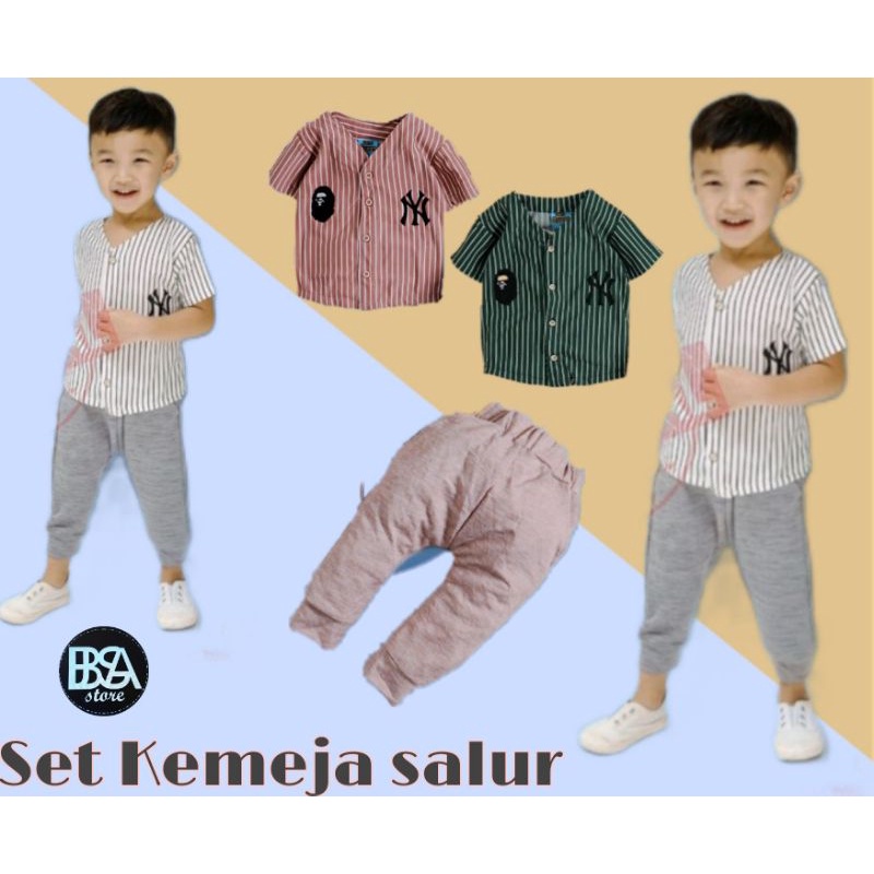 Baju Setelan Kemeja Salur Anak Cowok Motif Baseball Bayi Laki laki Usia 6 bulan sampai Umur 4 tahun 