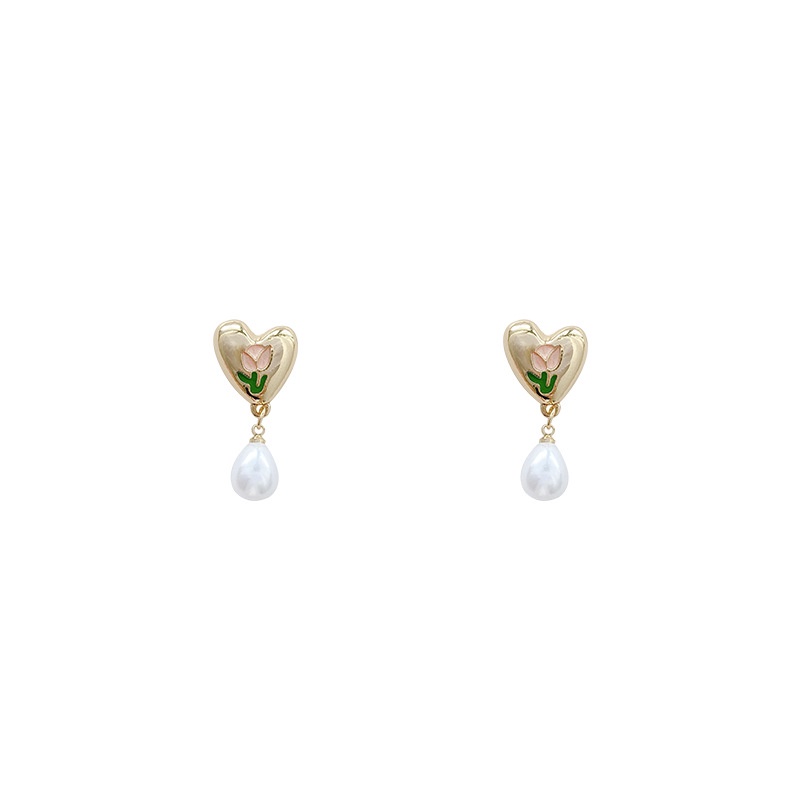 Anting Tusuk Gantung Bahan Sterling silver 925 Desain Bunga Tulip + Hati + Mutiara Gaya Mewah Untuk Wanita